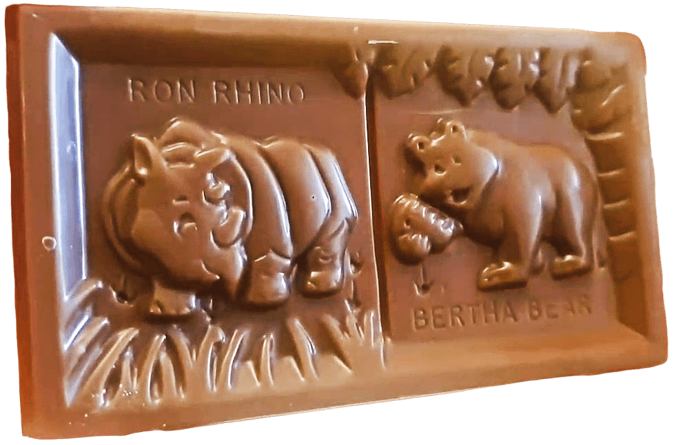 Nestle Animal Bar without wrapper, featuring Ron Rhino and Bertha Bear.