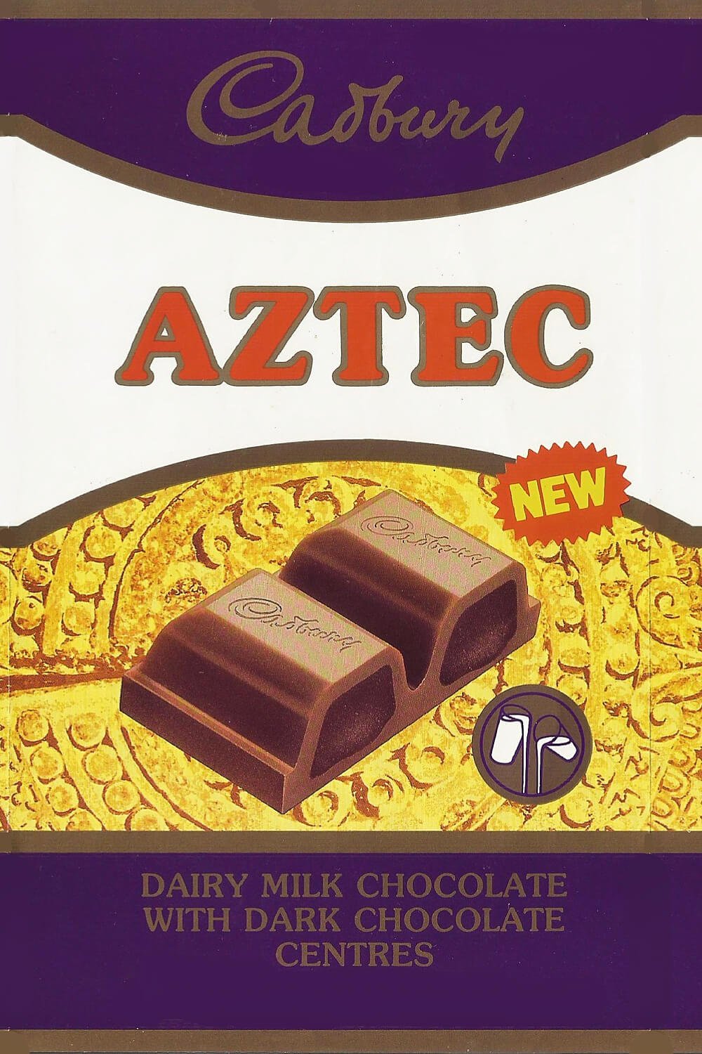 Cadbury Aztec first wrapper design, purple and white with gold text