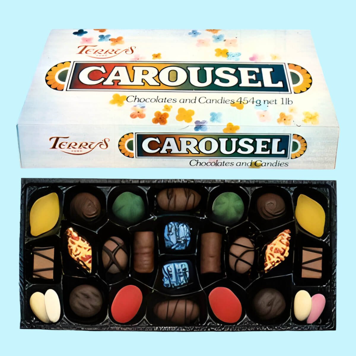 A box of Terry's Carousel with its lid removed exposing the contents.