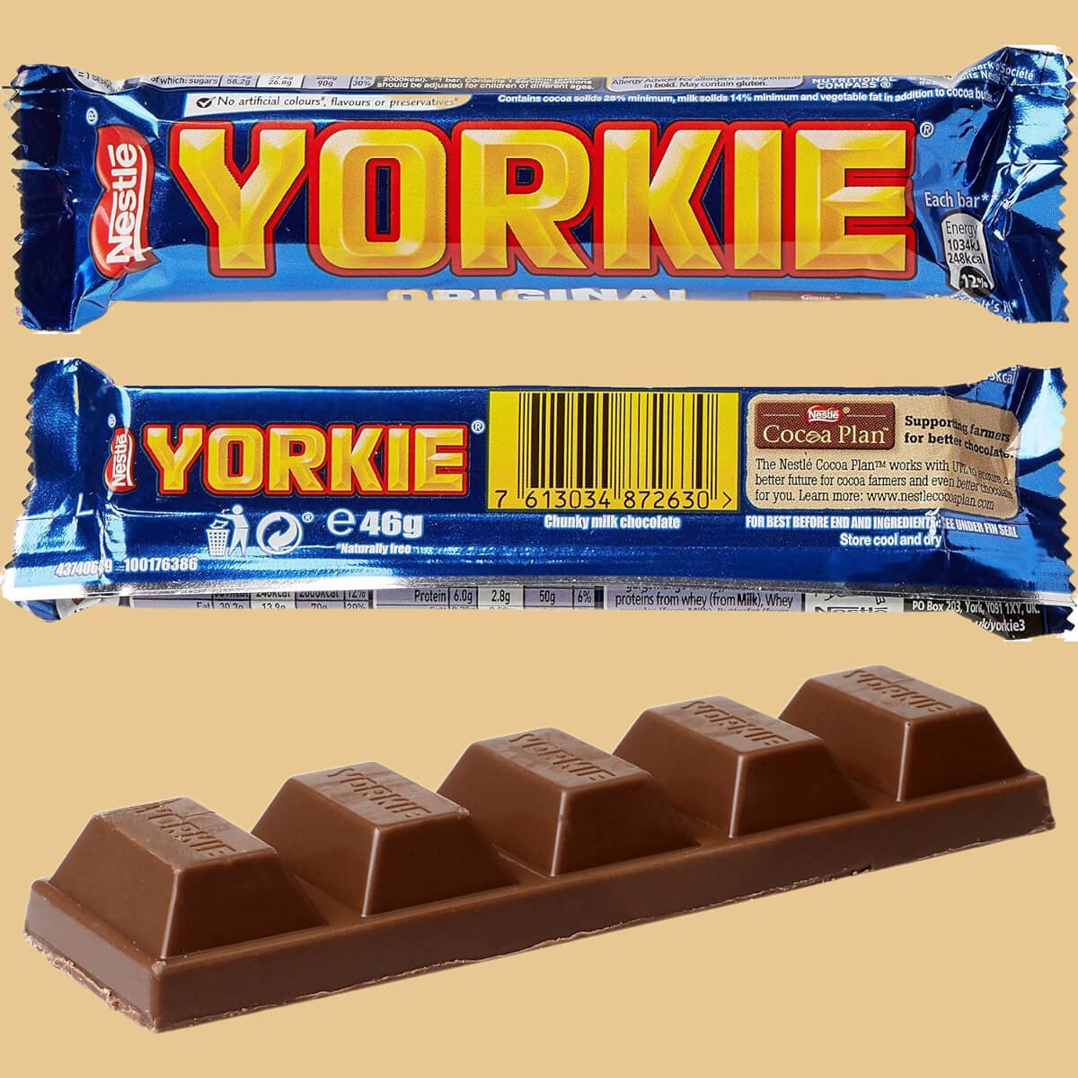 Yorkie chocolate bar in 2023, with and without wrapper.