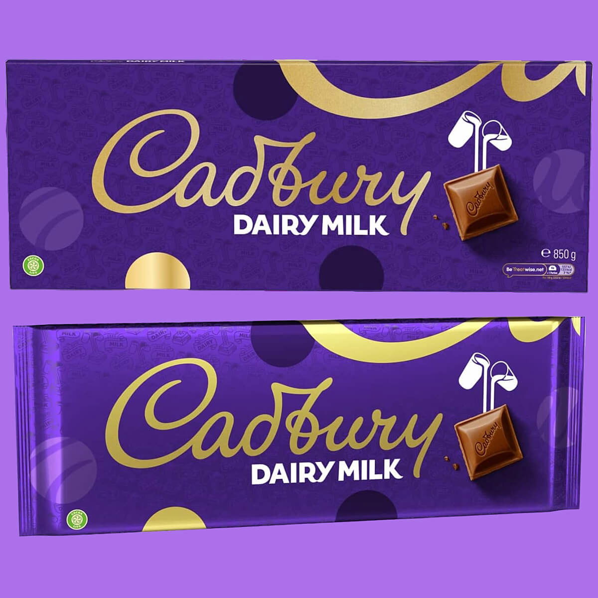 Cadbury Dairy Milk 850g bar from 2023, with and without card sleeve