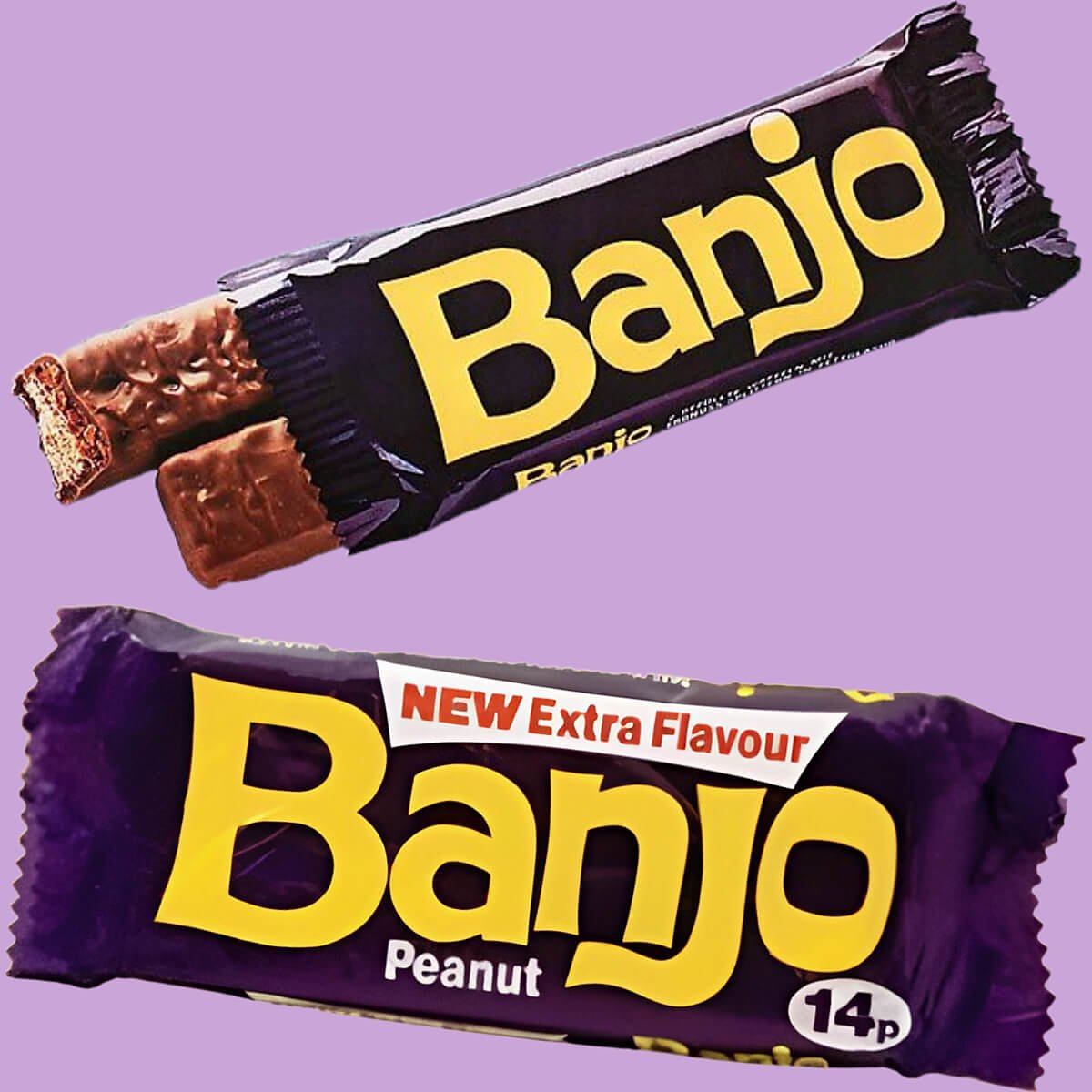 Two Banjo chocolate bars, peanut flavour in purple wrappers with yellow logo text.