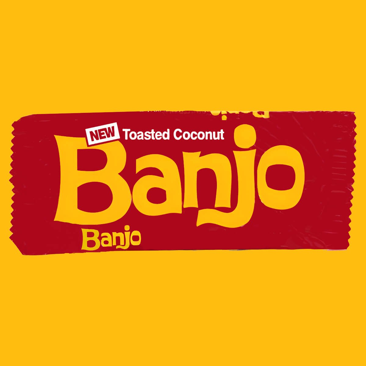 Wrapper from Banjo Toasted Coconut flavour. Red with yellow text logo.