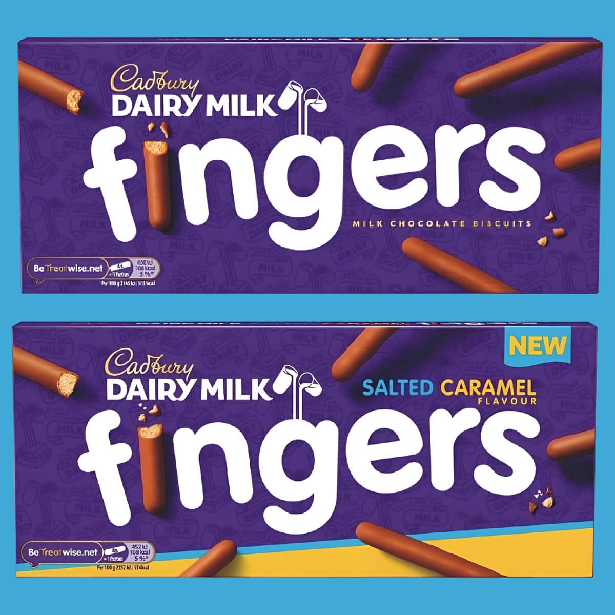 Two boxes of Cadbury Dairy Milk Chocolate Fingers inc. Salted Caramel Fingers.