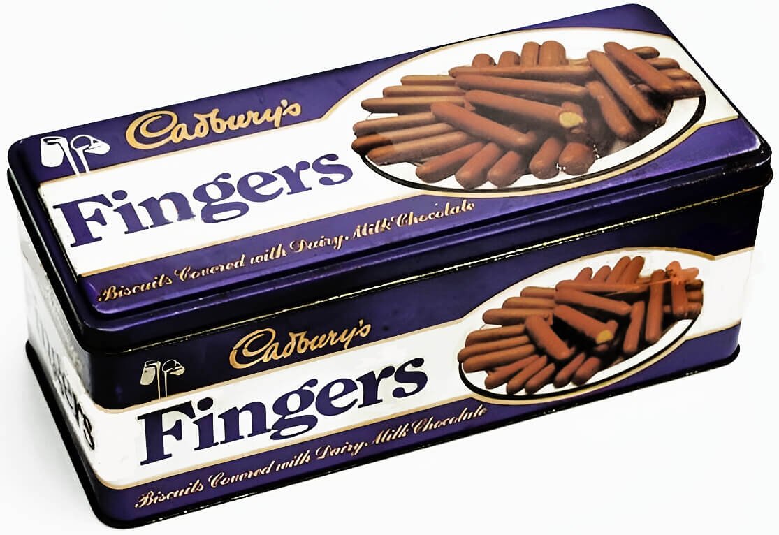 P;d Cadbury's Fingers tin from the 1980s. Purple and white.