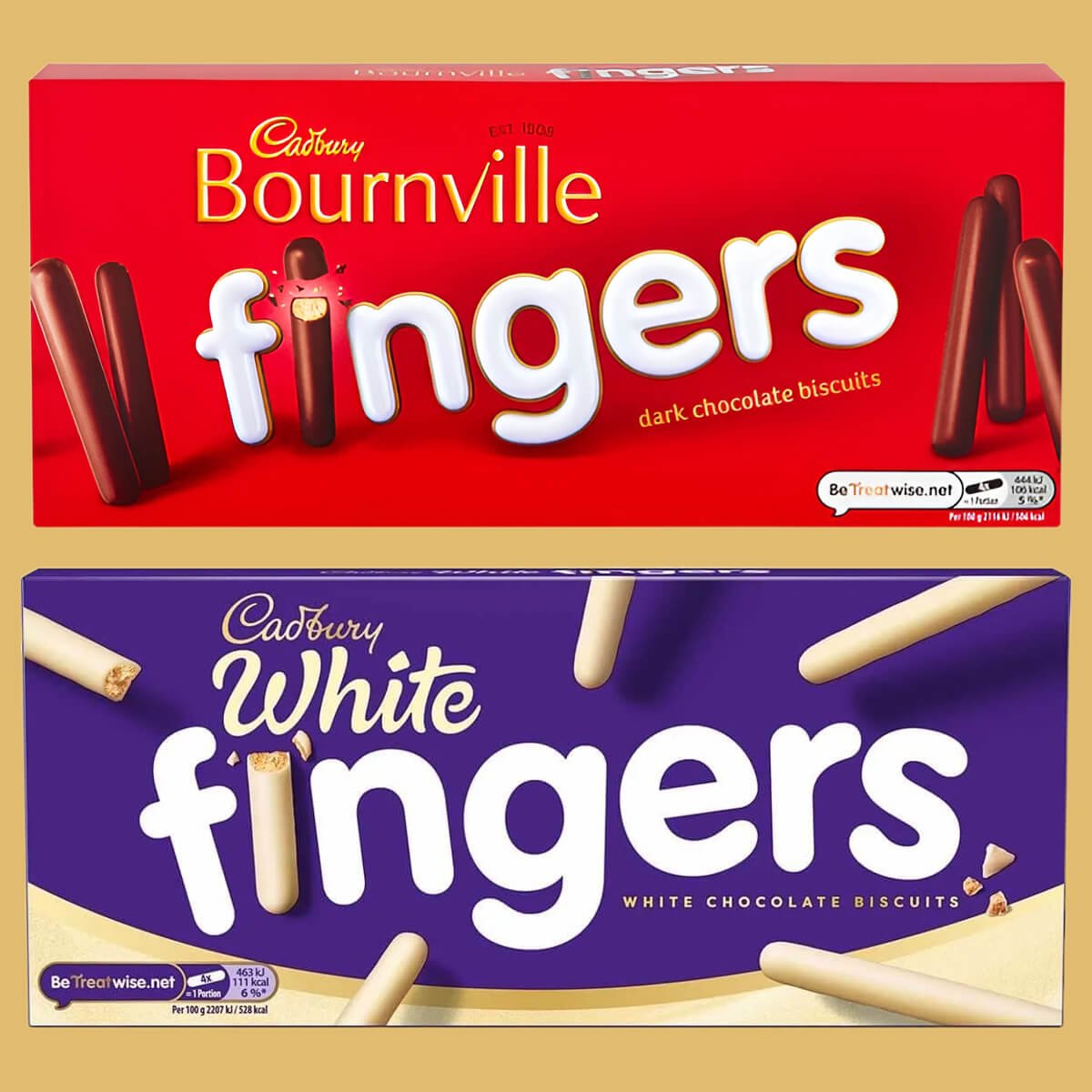 1 box of Cadbury Bournville Fingers and 1 boxc of Cadbury White Fingers