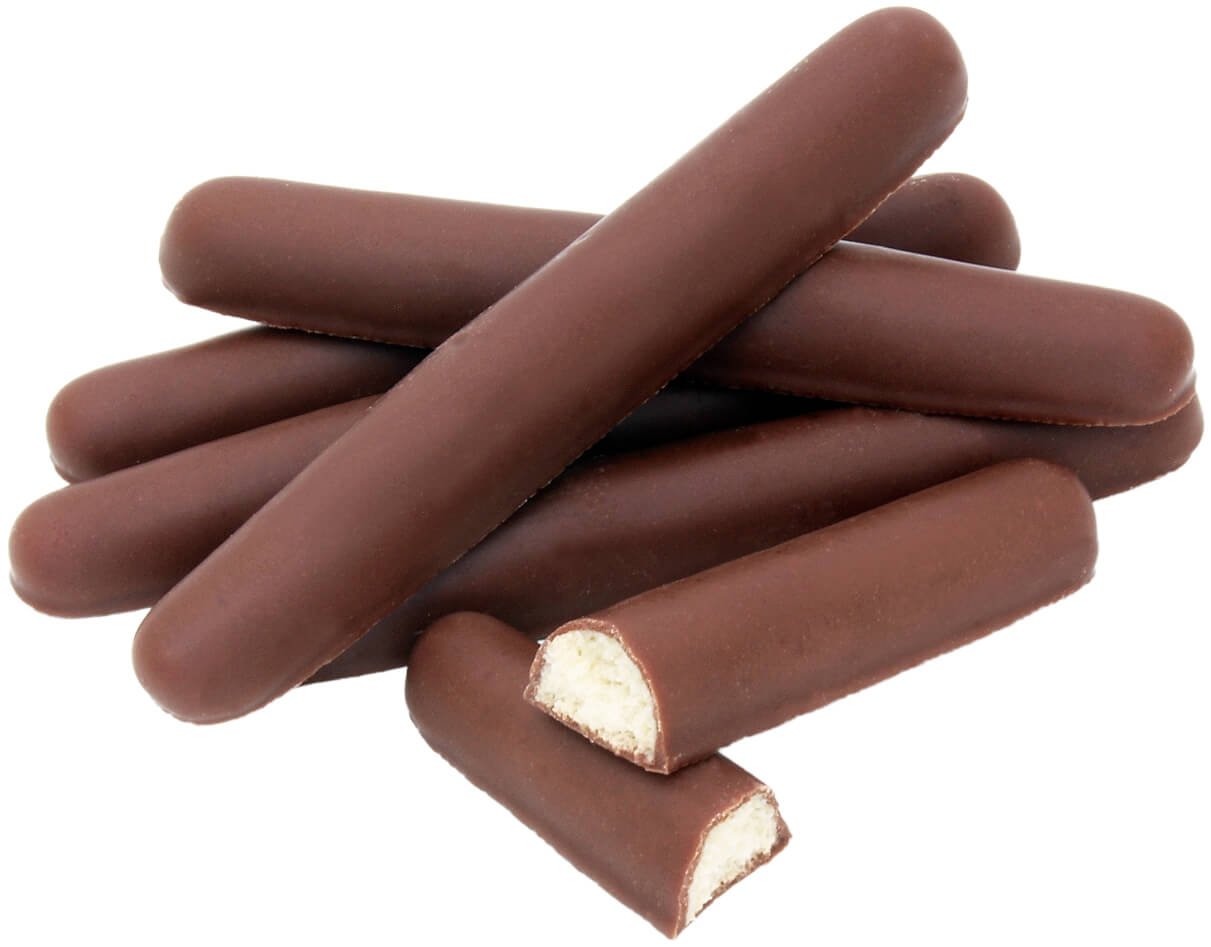 A small pile (stack ) of six chocolate fingers, one of which is snapped in half