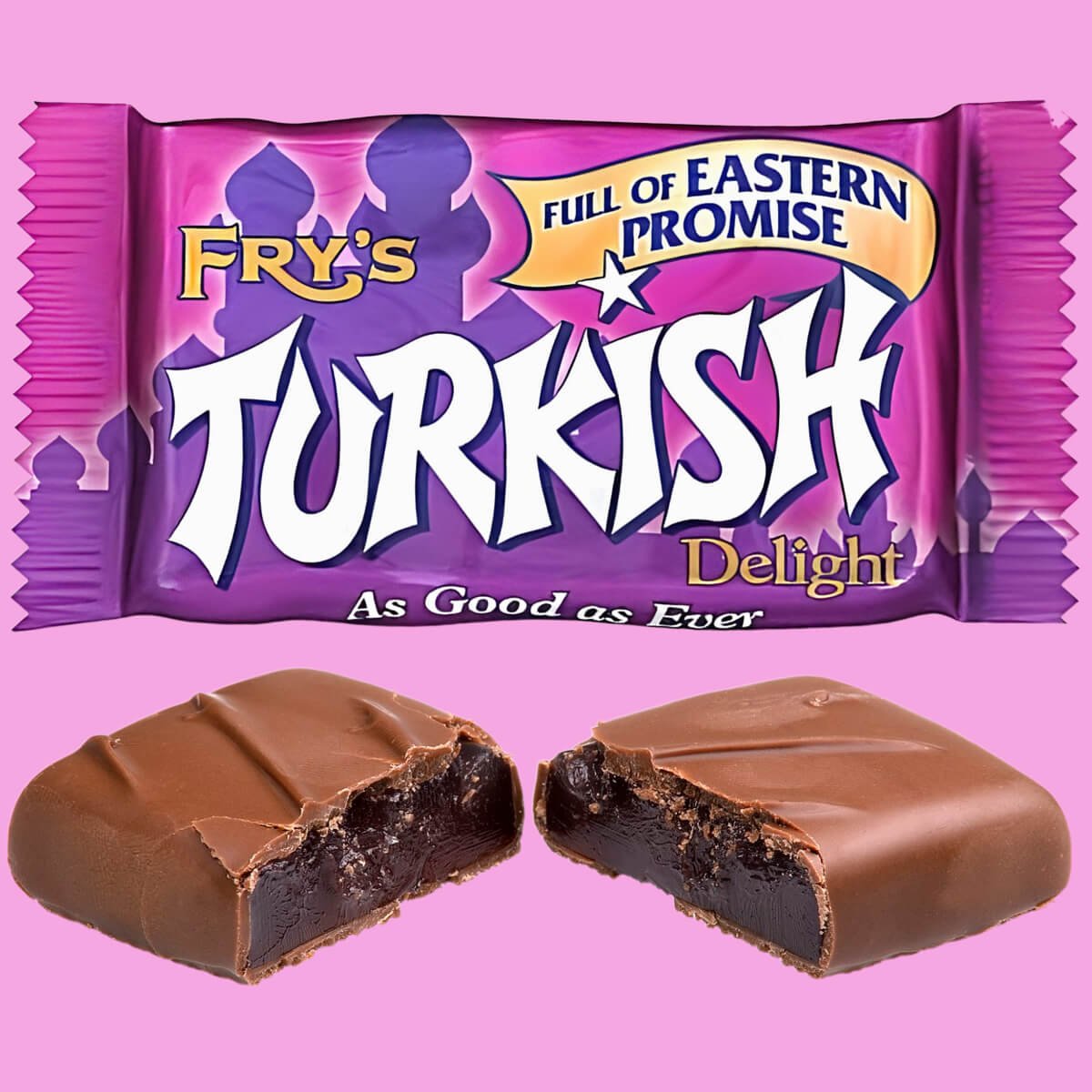 Two bars of Fry's Turkish Delight, with and without wrapper.