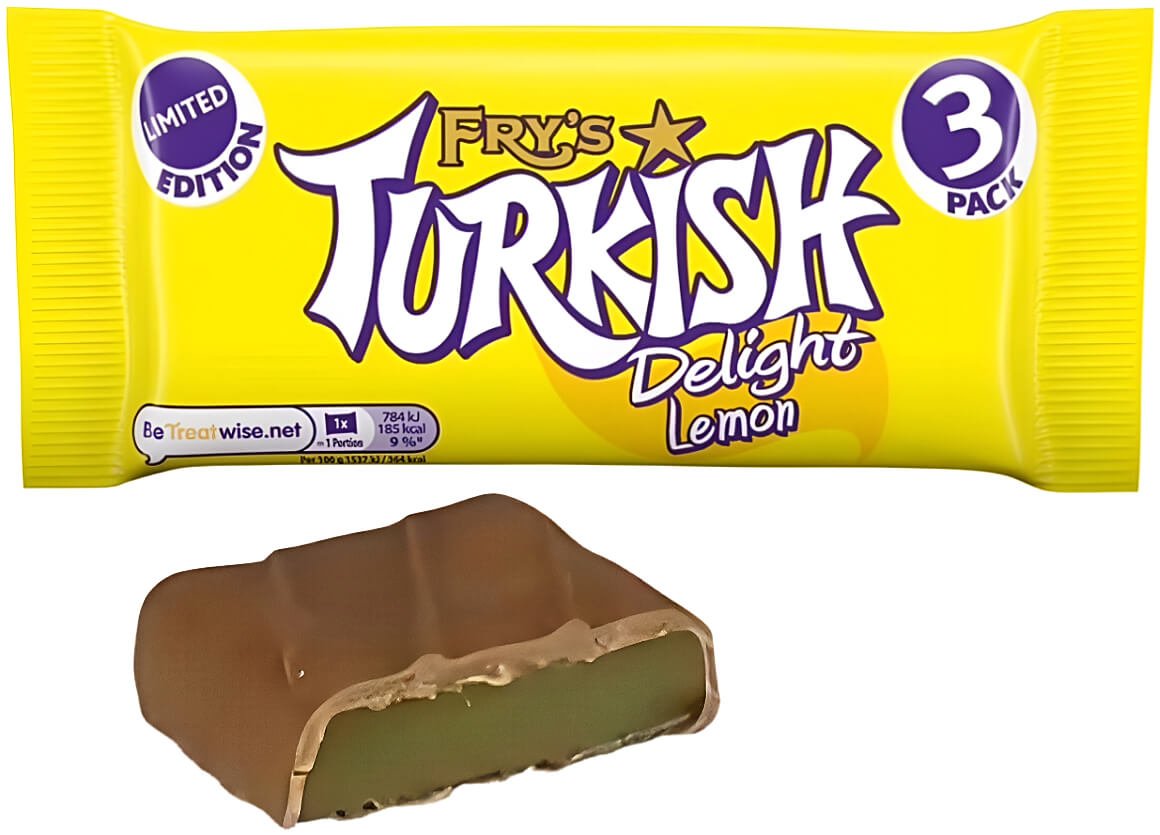 Fry's Turkish Delight Lemon 3 pack, with half of a loose bar