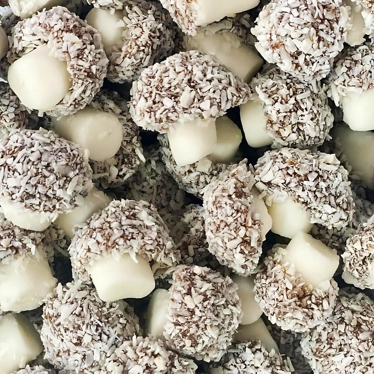 Close-up view of loose coconut mushrooms sweets