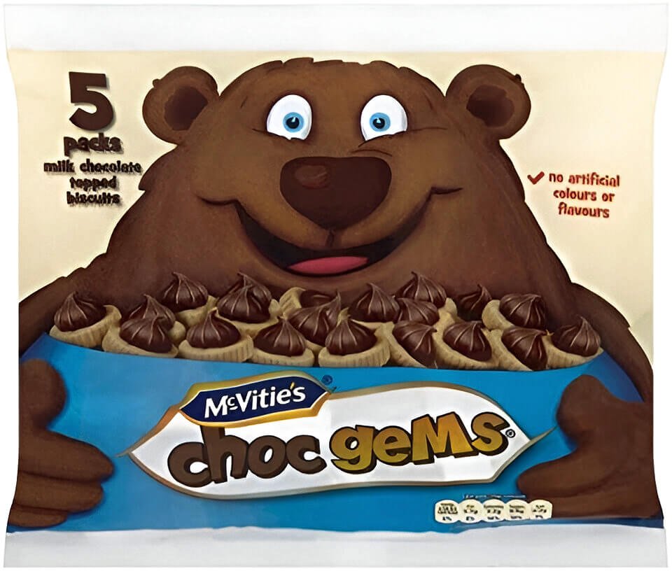 Bag of McVitie's Choc Gems featuring a brown bear with a cream background.