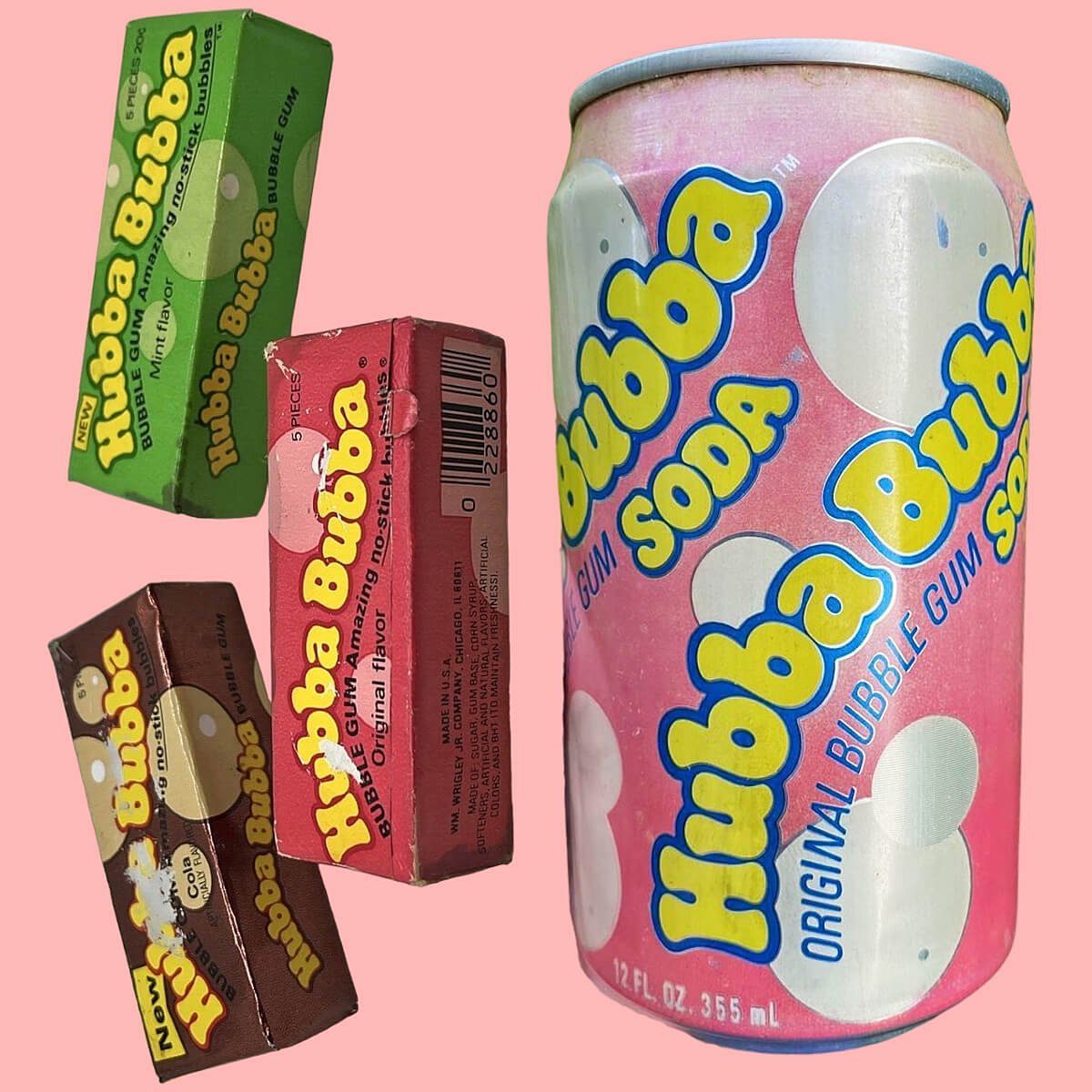 Three packs of Hubba Bubba bubblegum and soda can from the 1980s