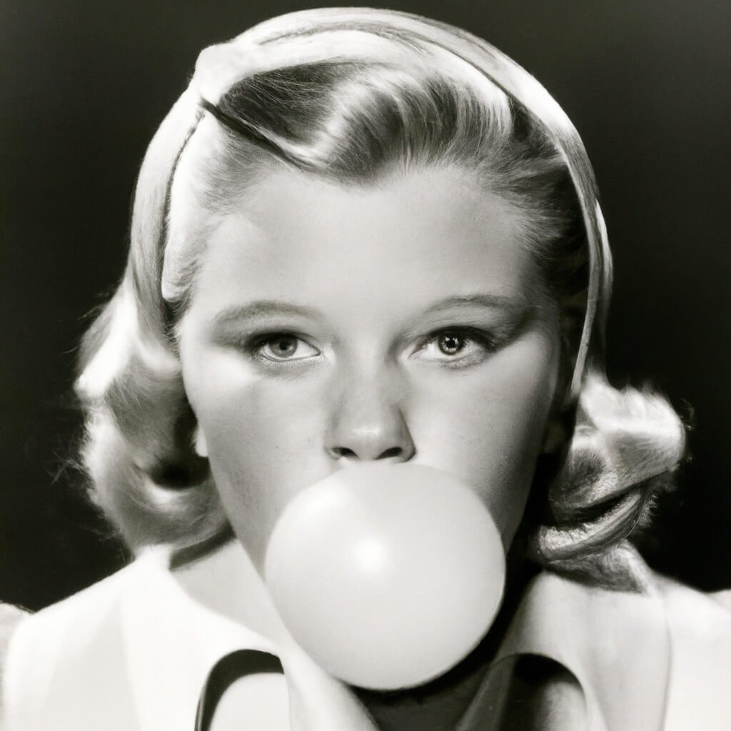 A woman blowing bubblegum in the 1950s, black and white image