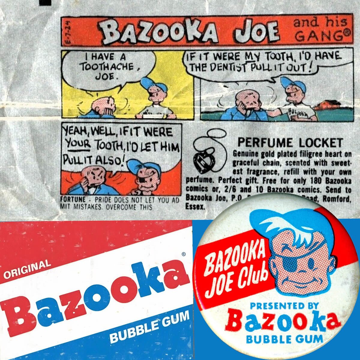 Bazooka Joe wax bubblegum wrapper and pin badge from the 1970s
