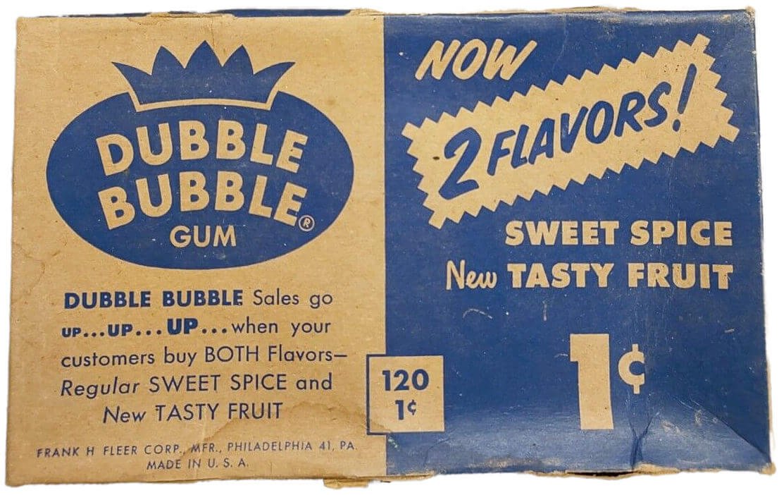 Dubble Bubble bubble gum vintage cardboard counter display box, blue and brown, from the 1950s. 