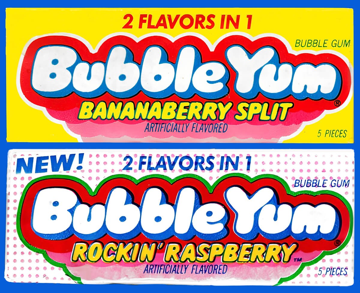 Bubble Yum wrappers from the 1980s. Bananaberry Split and Rockin' Raspberry
