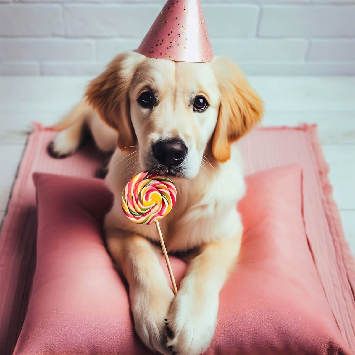 Young Labrador dog with a lollipop, wearing a party hat, led on cushions.