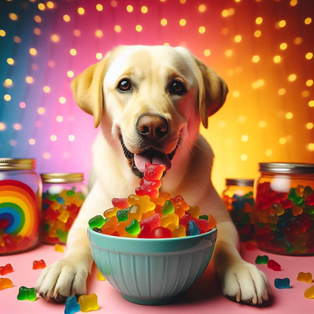 A golden Labrador dog with a bowl of colourful gummy sweets (candy)
