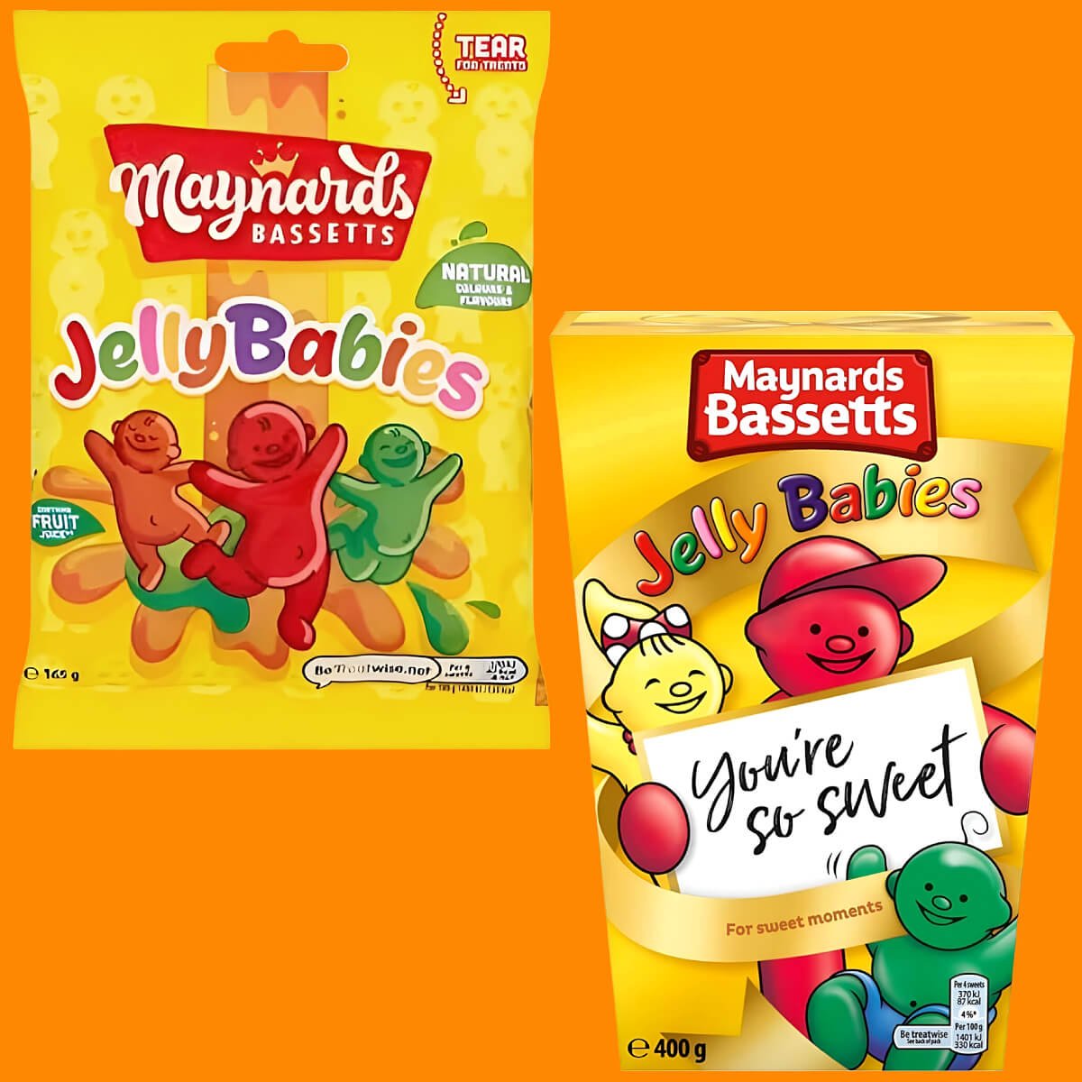 Box and share bag of Maynards Bassetts Jelly Babies with orange background