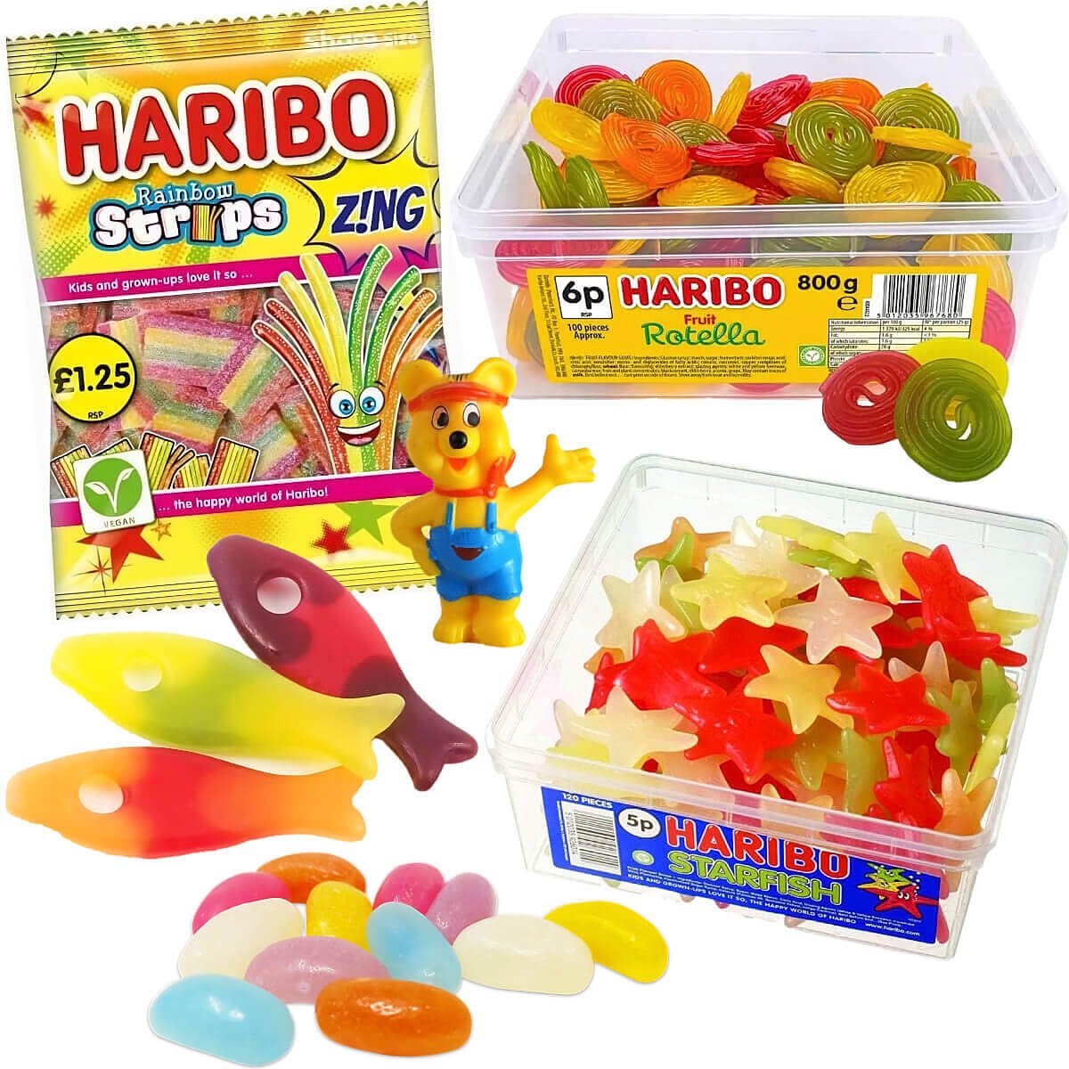 A selection of Haribo Vegetarian sweets. Rainbow Strips, Rotella, Starfish, Freaky Fish and Jellybeans.