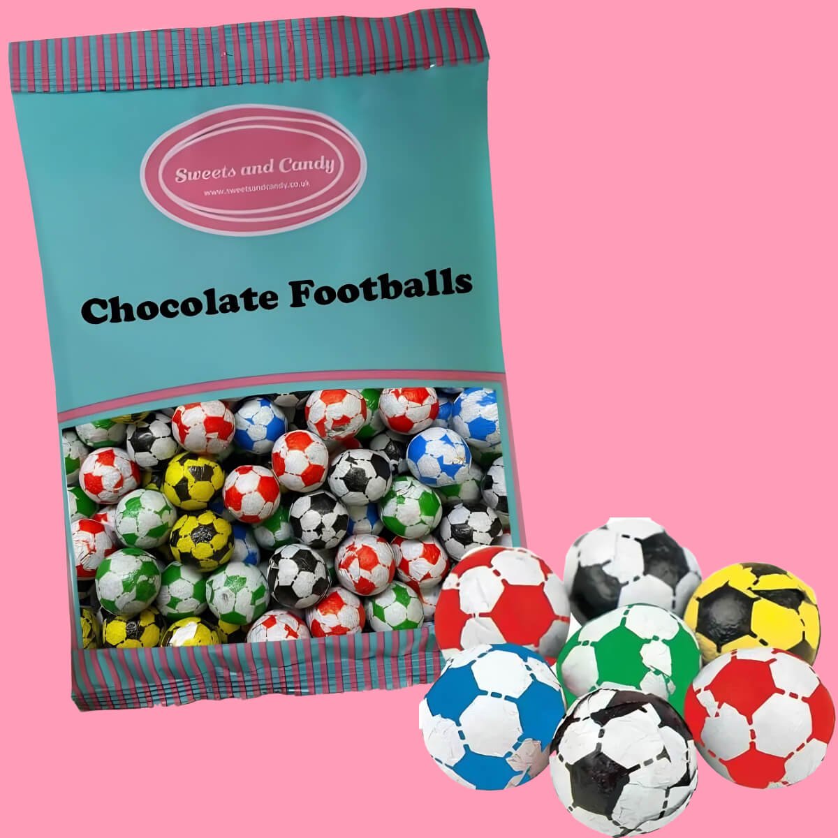 Bag of chocolate footballs with pink background