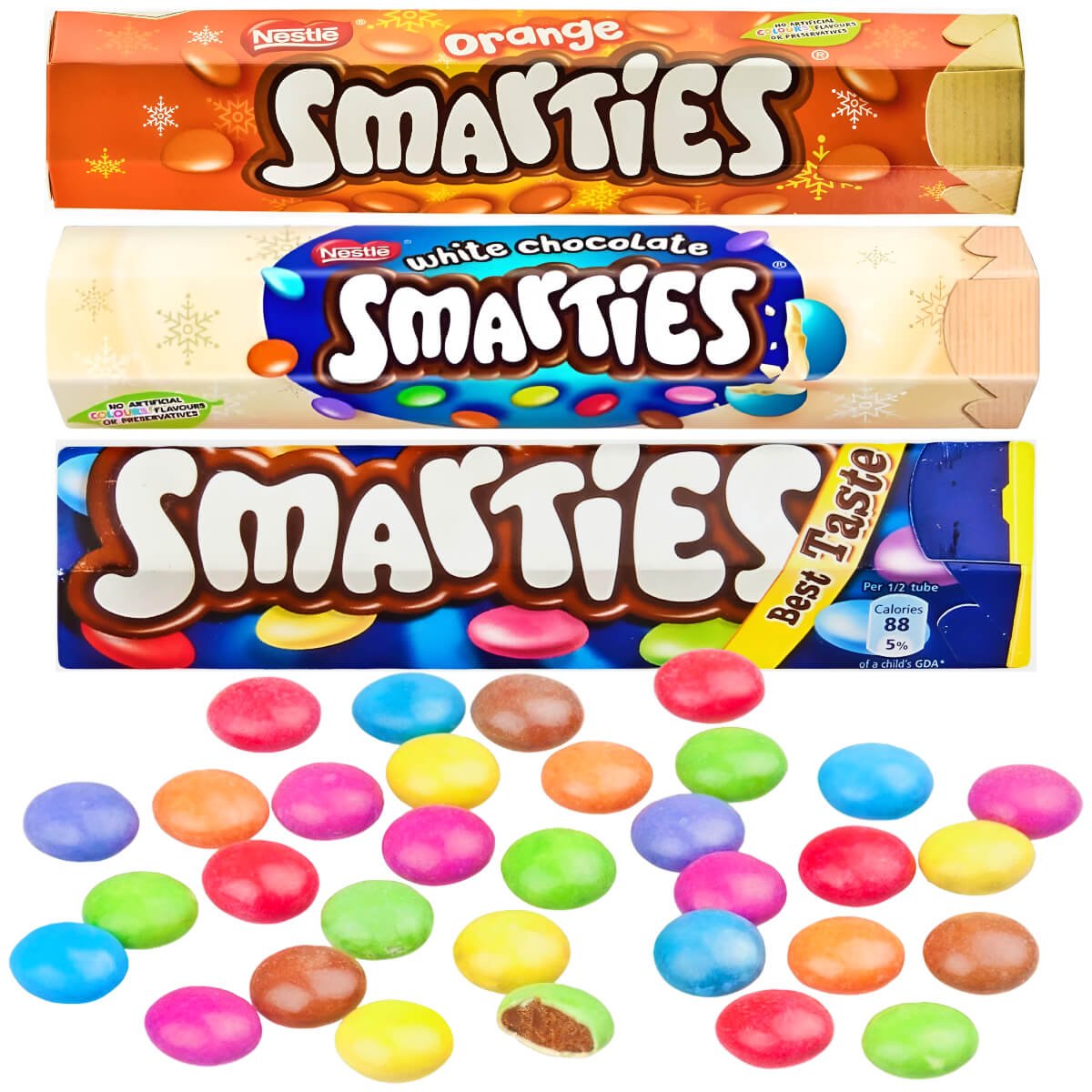 Nestle Smarties tubes with loose Smarties, inc. White Chocolate and Orange