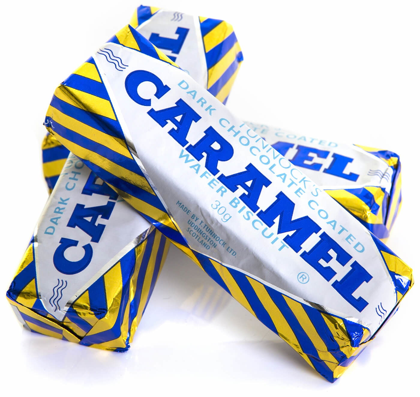 A stack of 3 Tunnock's Dark Chocolate Caramel Wafers, in blue, yellow and white wrappers.