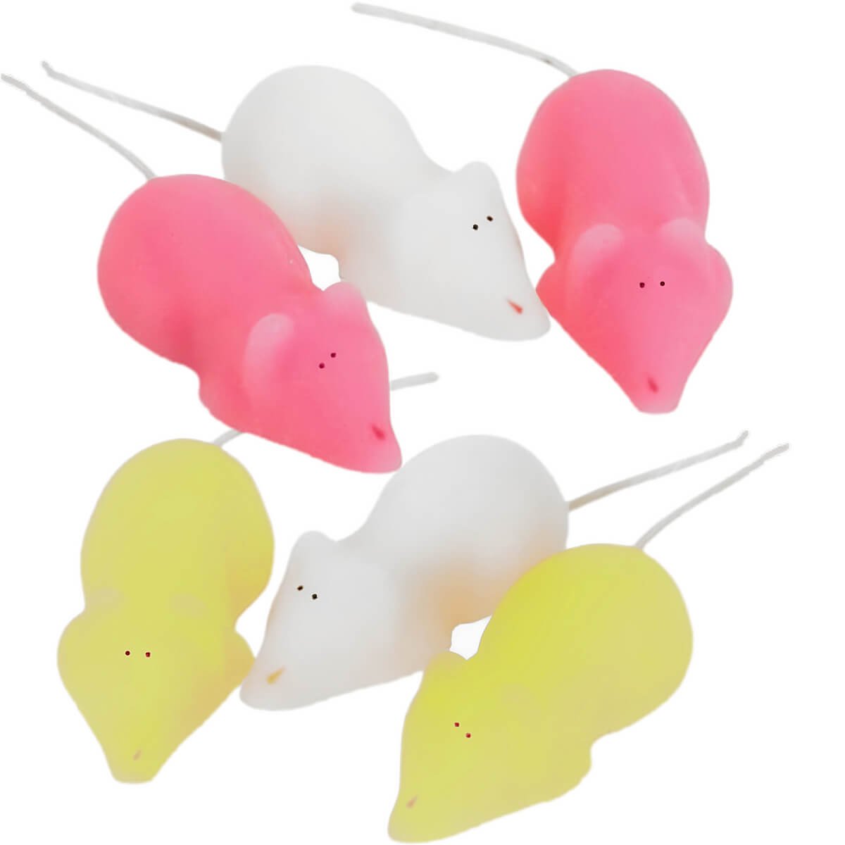 Six Sugar Mice, pink, white and yellow.