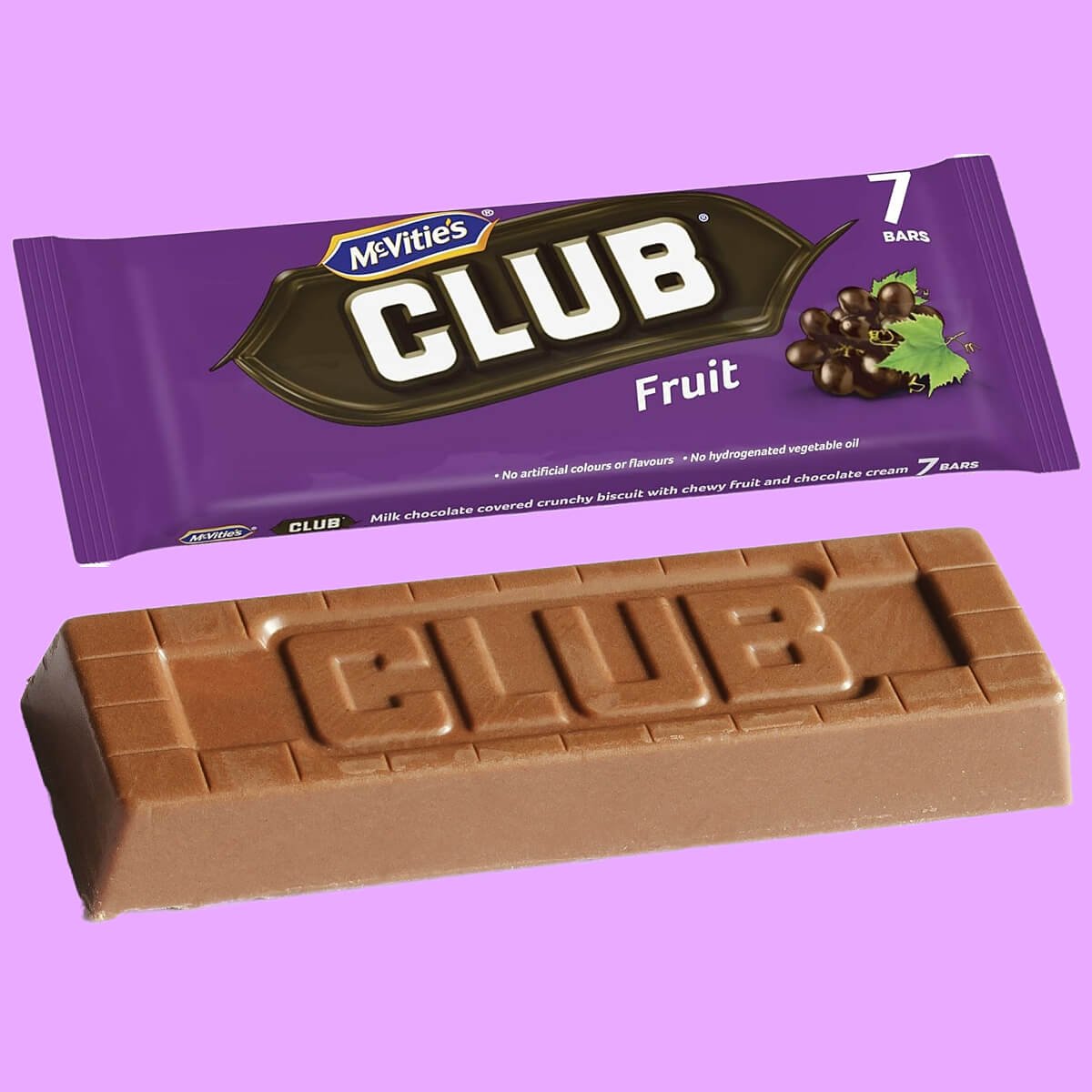 McVitie's Fruit Club pack of 7, with unwrapped biscuit enlarged 