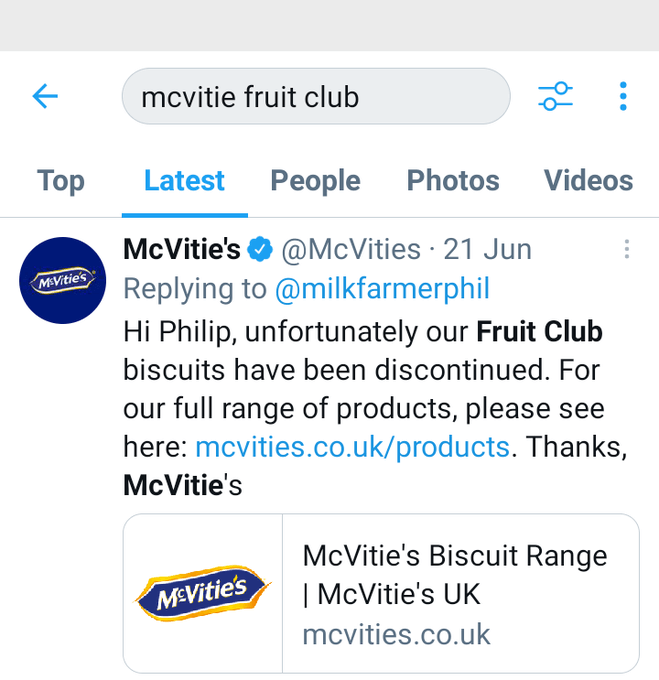 Screenshot of McVitie's announcement on Twitter about Fruit Club biscuits