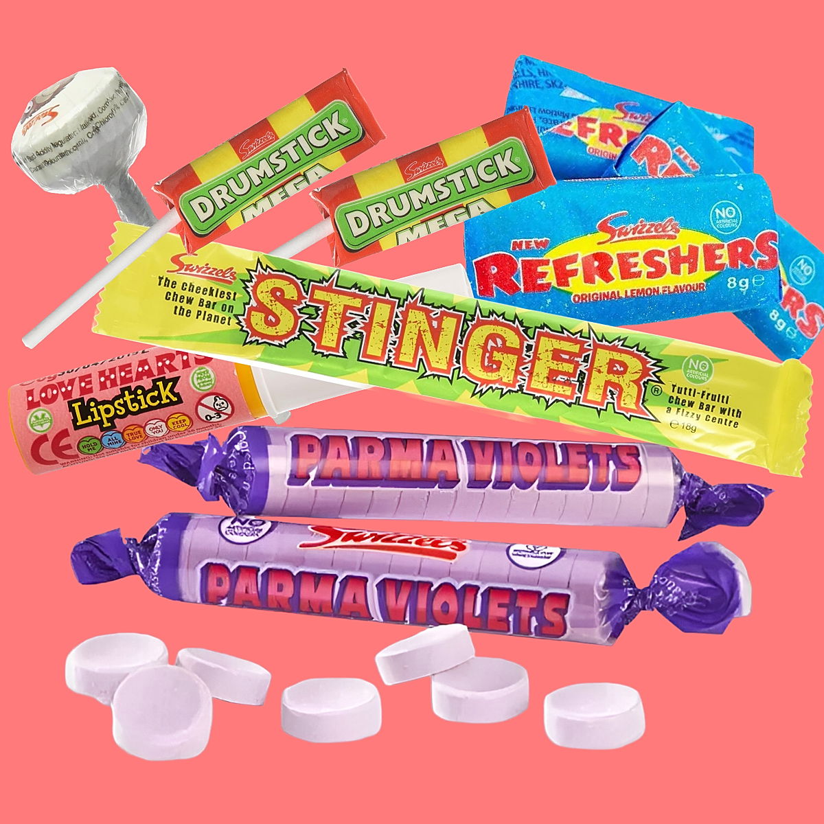 A selection of Swizzels Sweets inc. Parma Violets, Stinger, Candy Lipstick, Drumstick, Refreshers