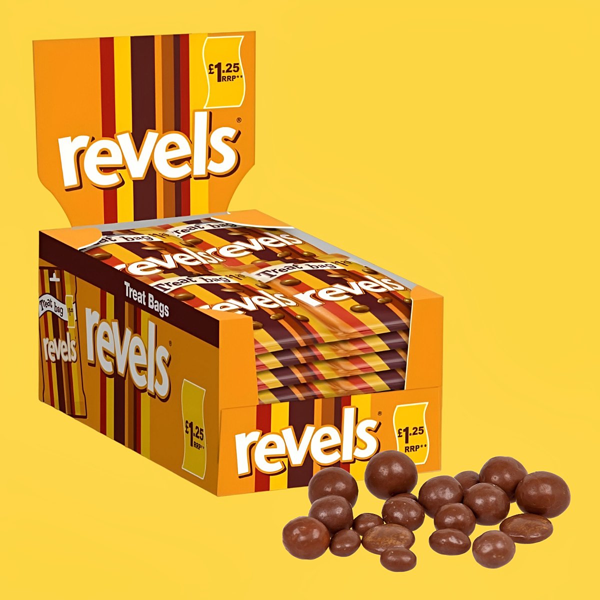 Bags of Revels chocolates in a display box, with loose chocolates 