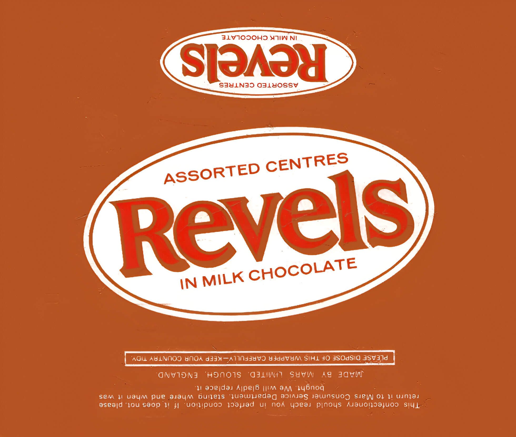 Revels wrapper from 1978, brown with white oval and red logo font