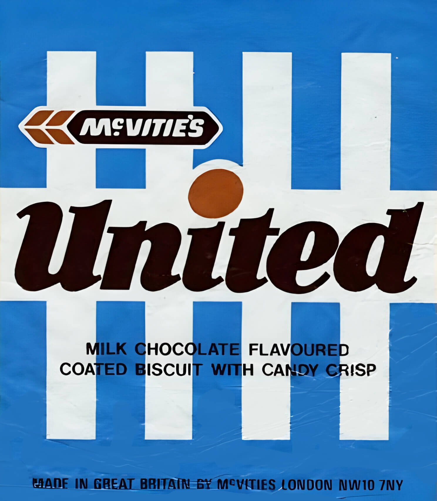 United chocolate biscuit bar wrapper, blue and white stripes