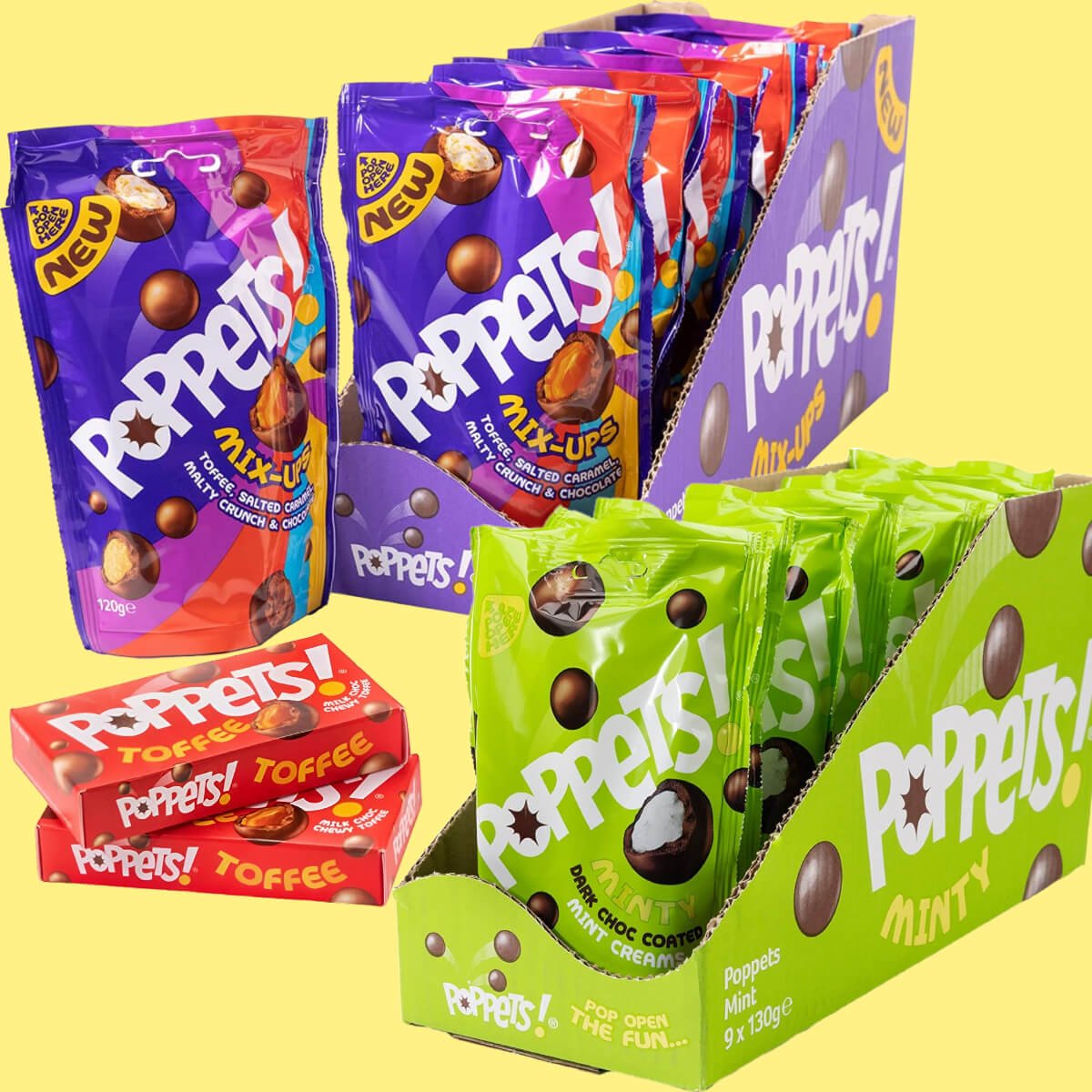A selection of Poppets Sweets from 2024. Mix-ups (purple bags), Minty (green bags) and Toffee (red boxes)