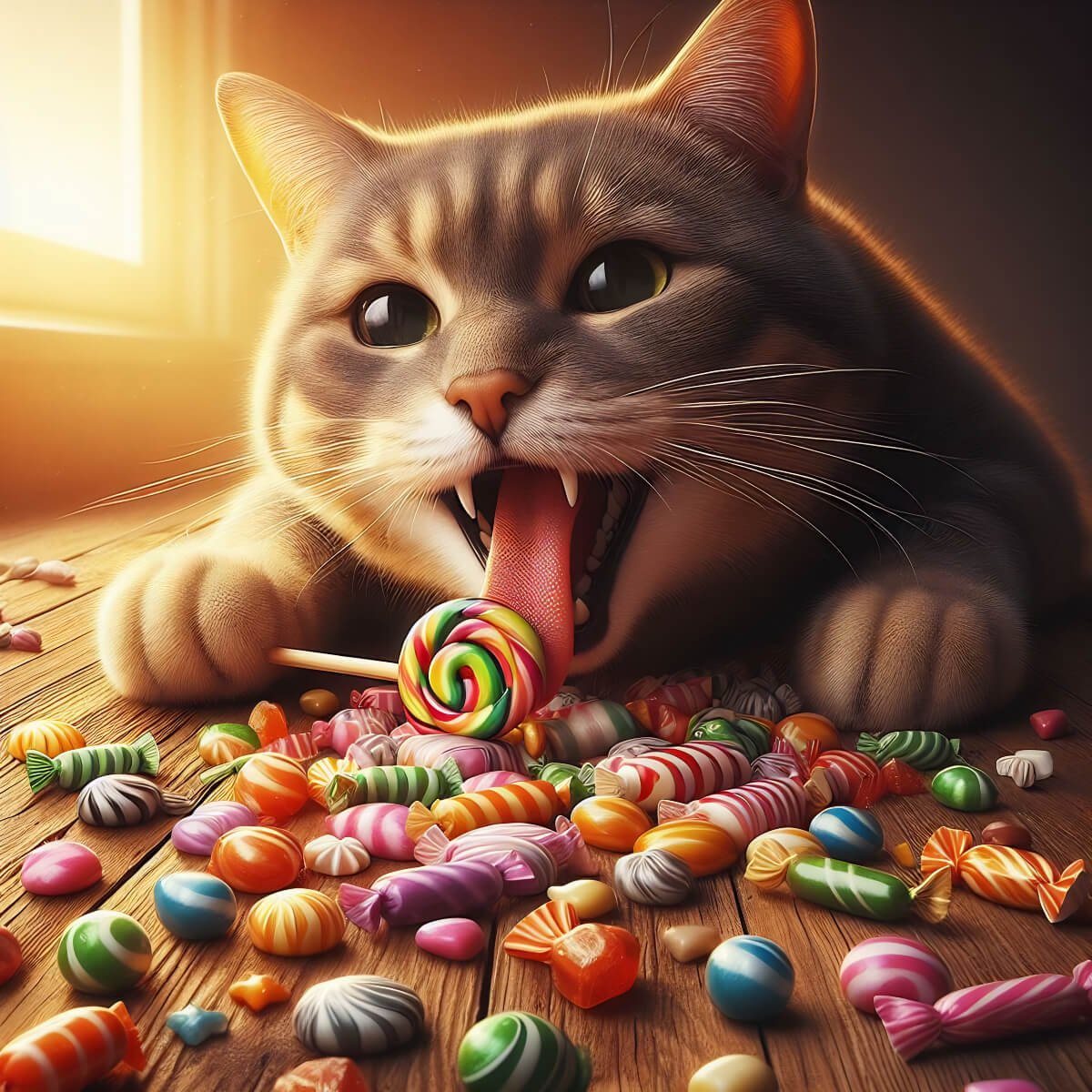 Illuustration of a cat eating sweets (candy) and a lollipop 