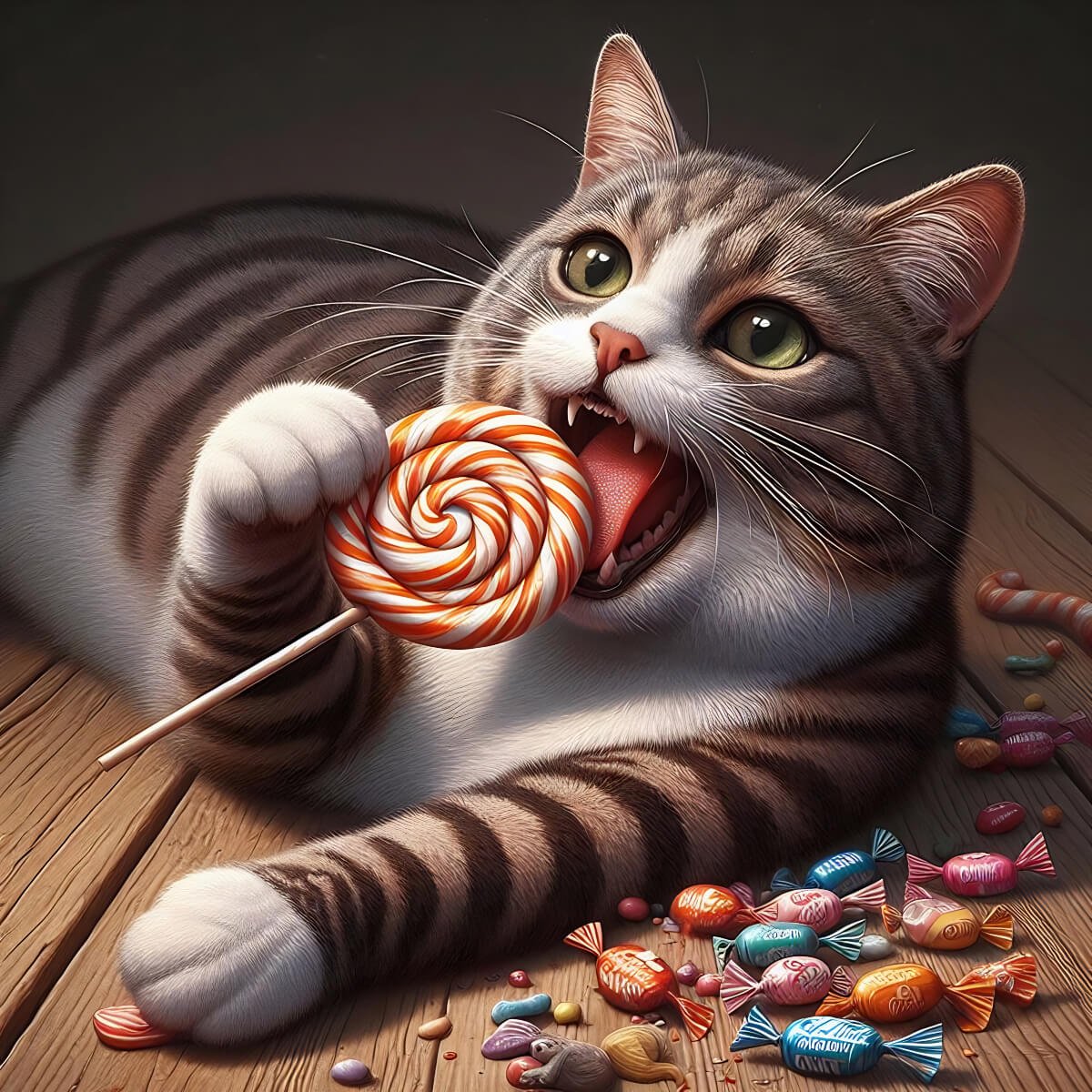 Illustration of a striped cat eating a lollipop, surrounded by sweets