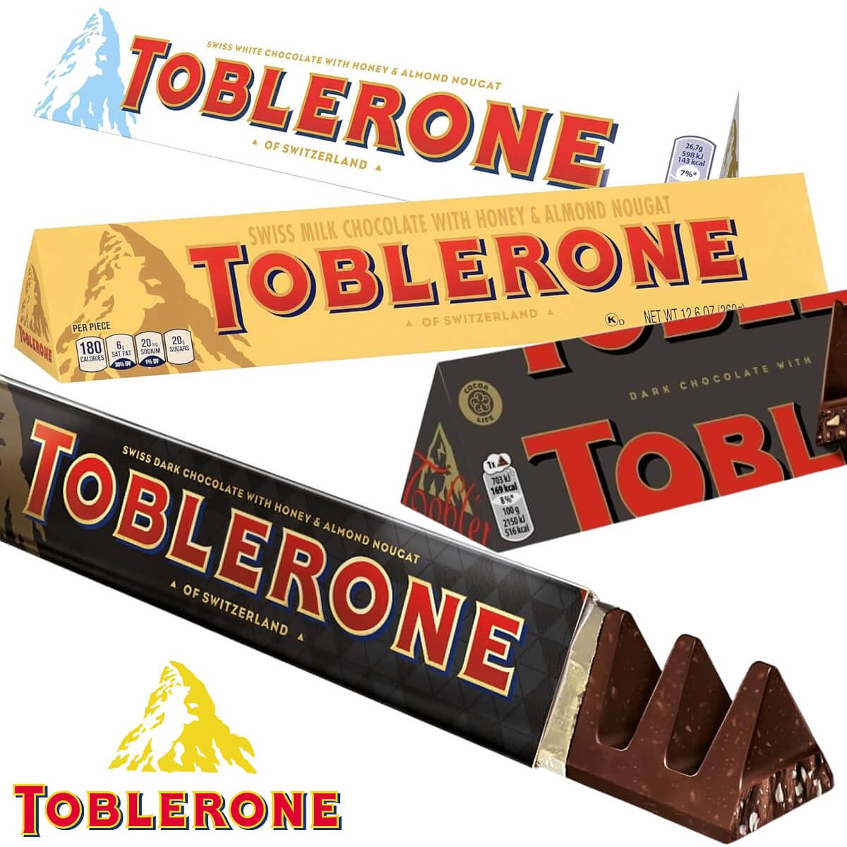 Selection of Toblerone chocolate bars. White, milk and dark, with logo