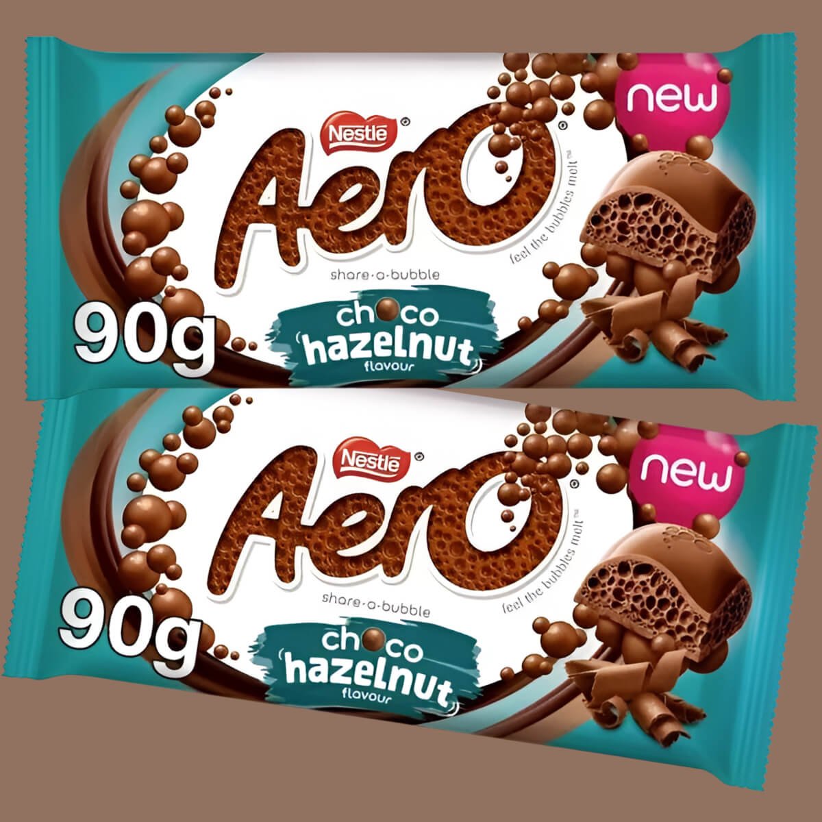Two 90g bars of Nestle Aero Choco Hazelnut