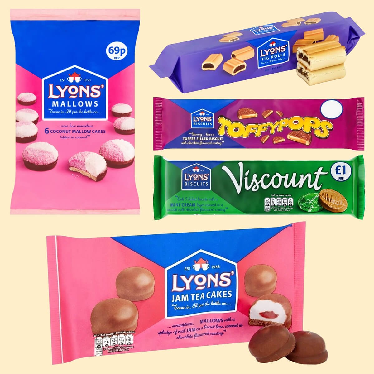 A selection of Lyons biscuits; Mallows, Fig Rolls, Toffypops, Viscount and Jam Tea Cakes