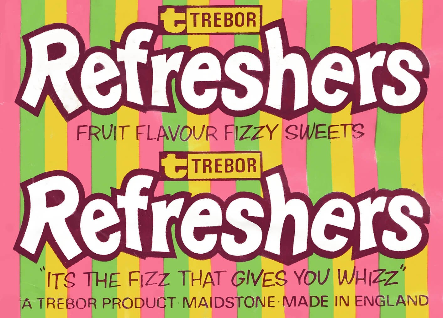 Trebor Refreshers wrapper, 1980s. Pink, green and yellow stripes.