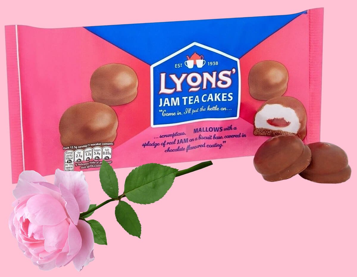 Lyons Jam Tea Cakes with a pink rose