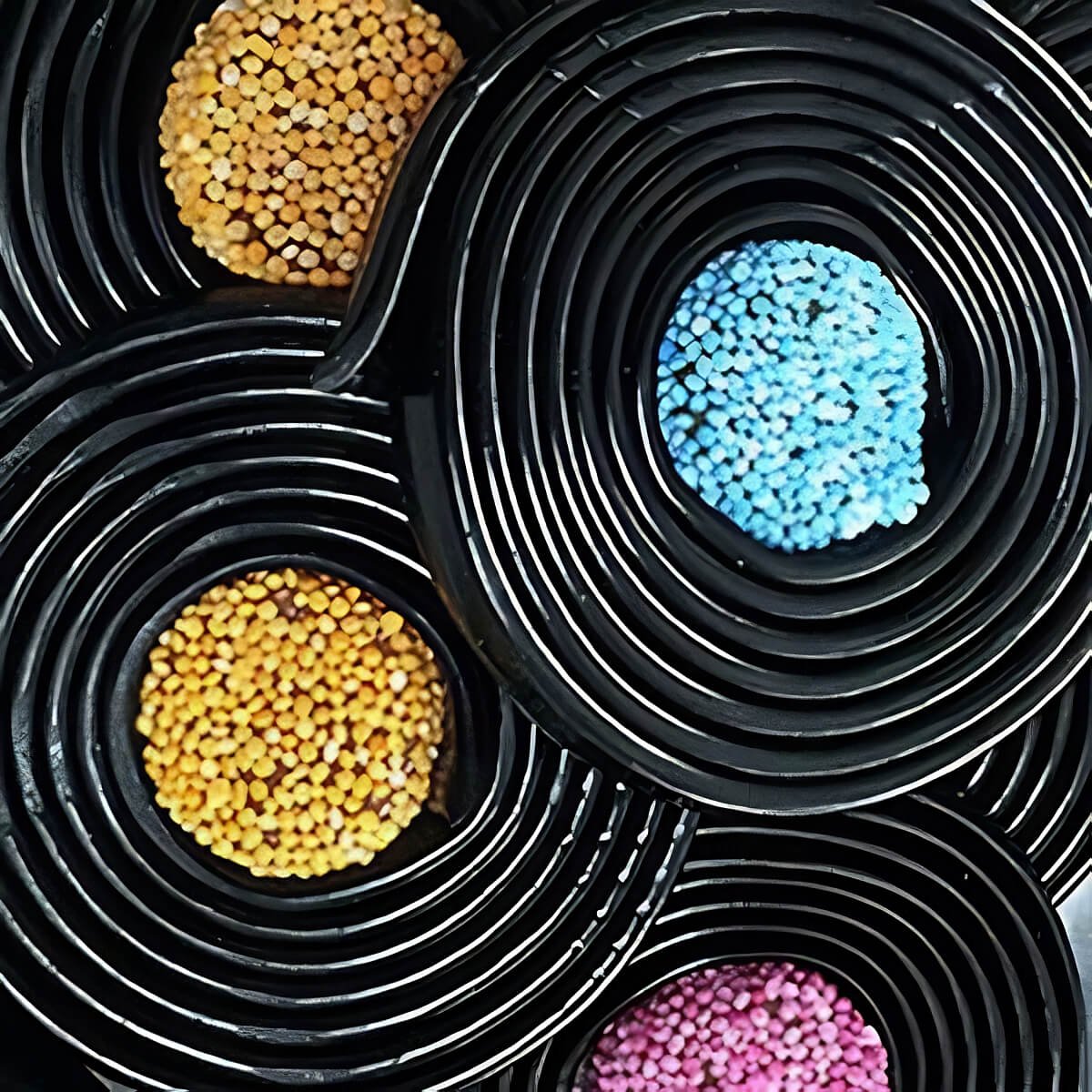 Liquorice Catherine Wheels with pink, blue and orange Jelly Spog centres