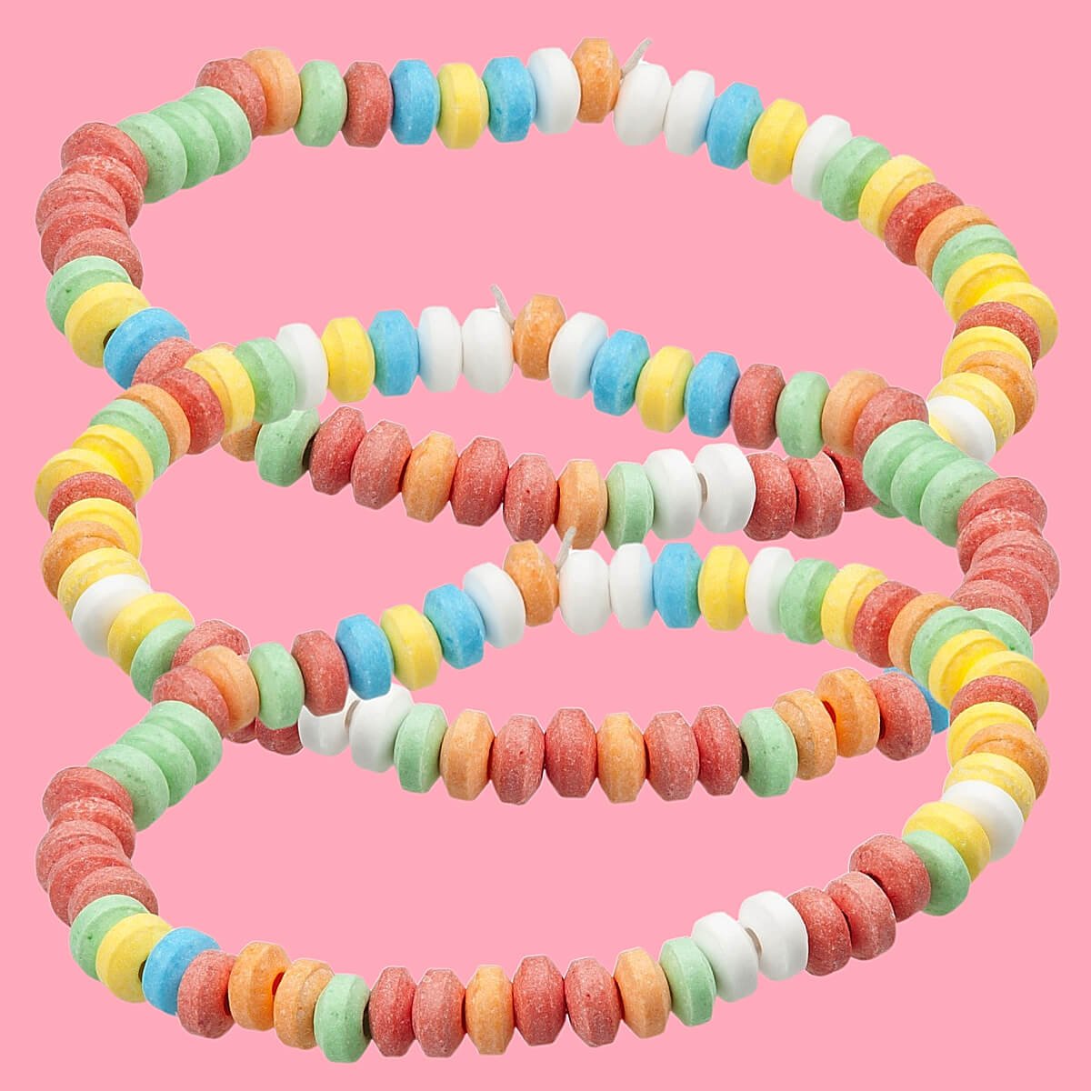 Three Candy Necklaces overlapping, multi-coloured sweets on a string