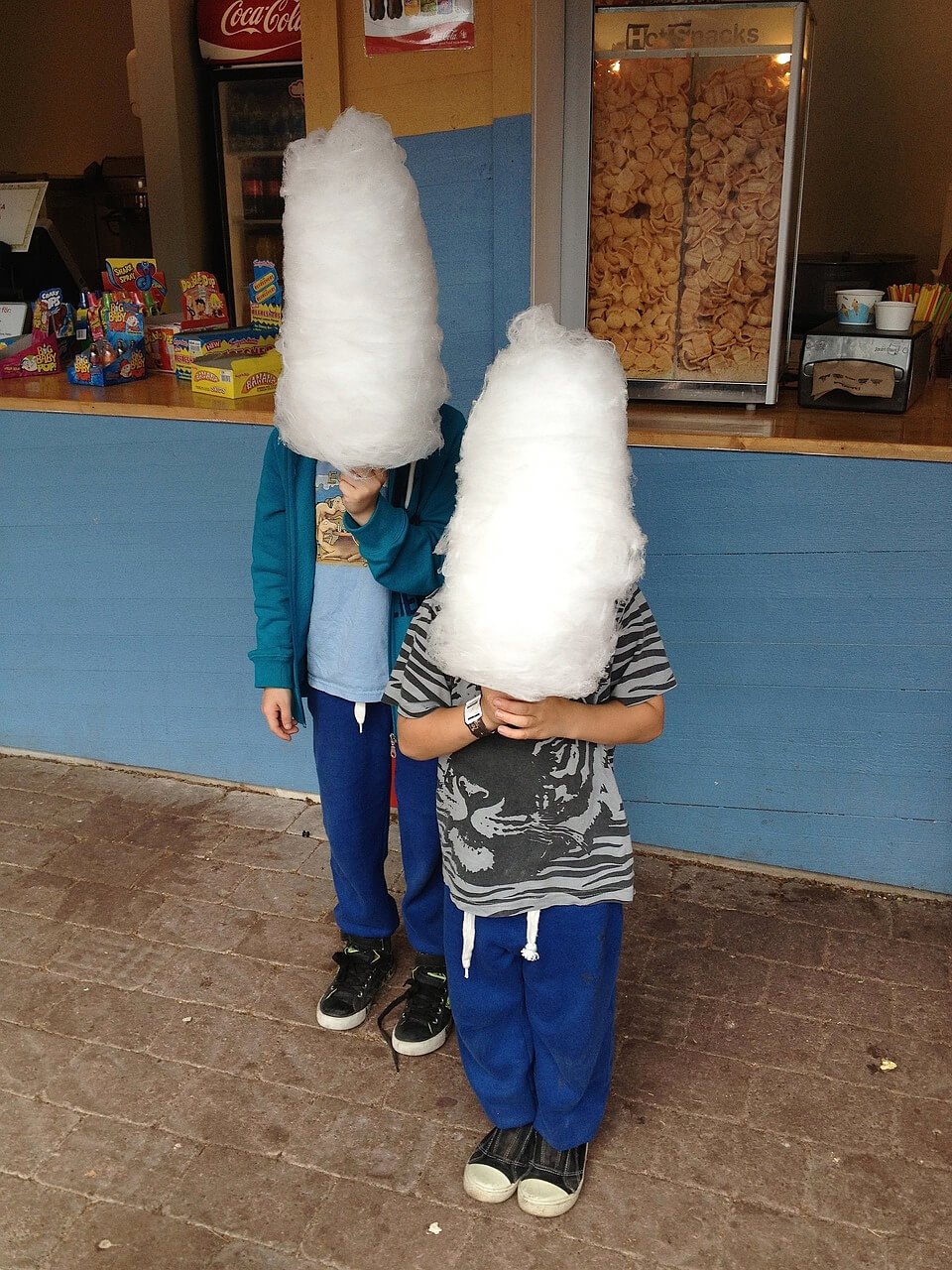 Two boys with white Candy Floss on sticks covering their heads