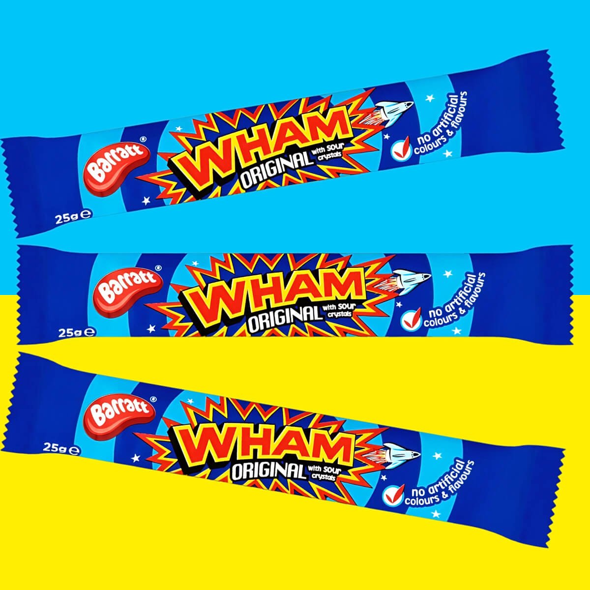 Three Barratt Wham Original bars in their wrappers, with a yellow and blue background