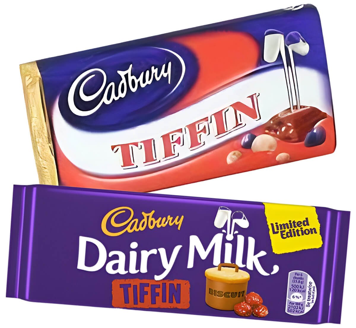 Two Cadbury Tiffin chocolate bars with different wrappers