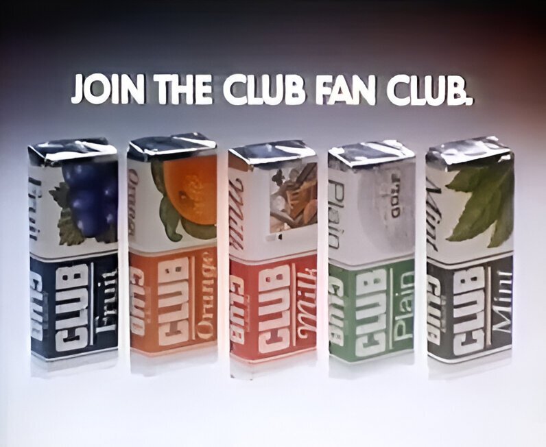 Jacob's Club Biscuits advert from 1984 with Fruit, Orange, Milk, Plain and Mint flavours