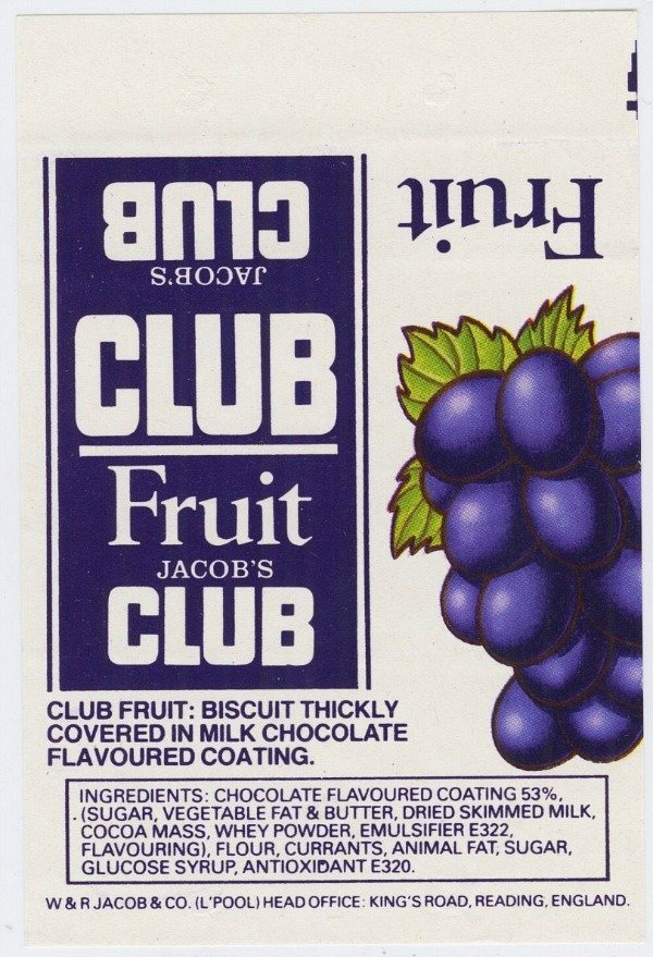 Jacob's Fruit Club wrapper from 1980s, purple and white