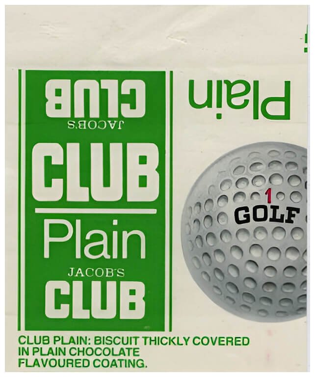 Jacob's Club Plain wrapper from 1980s, green and white with golf ball image
